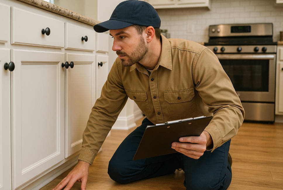 Pest Control Technician inspecting kitchen for pests in Cedar Hill, TX